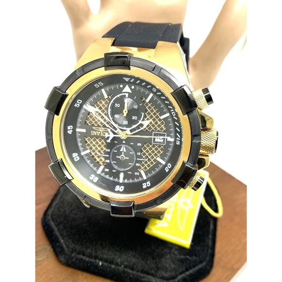 Invicta Men's Watch 28100 Aviator Quartz Gold Black Dial Chronograph Rubber Band - Picture 1 of 15